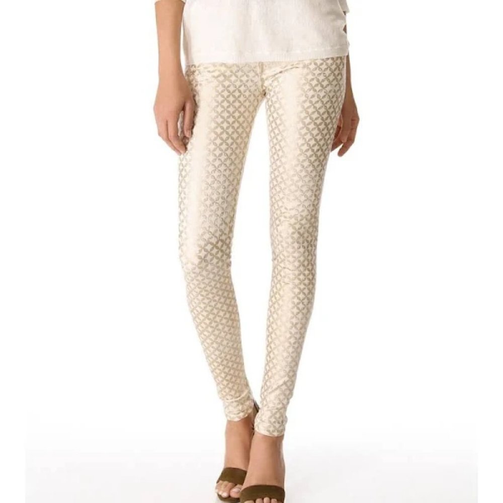 Mother The Looker in Creme de Love Skinny Jeans Metallic Gold on Cream Size 27